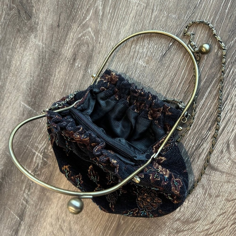 Brown and Black Velvet Purse with Beaded Details and Satin Lining. - Picture 4 of 8